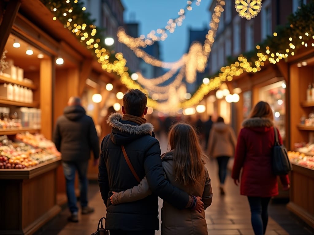 American family enjoying a UK Christmas market under festive evening lights