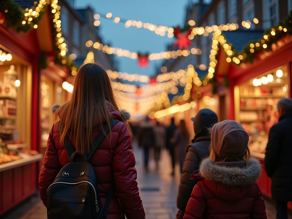 American family enjoying evening at UK Christmas market under festive lights