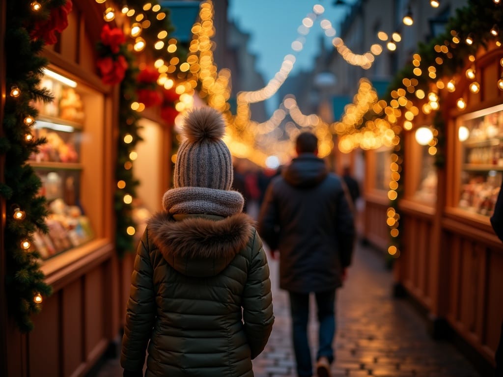 American family enjoying festive UK Christmas market with lights and holiday shopping