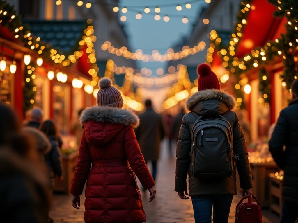 American family enjoying UK Christmas market with festive lights during London winter shopping trip