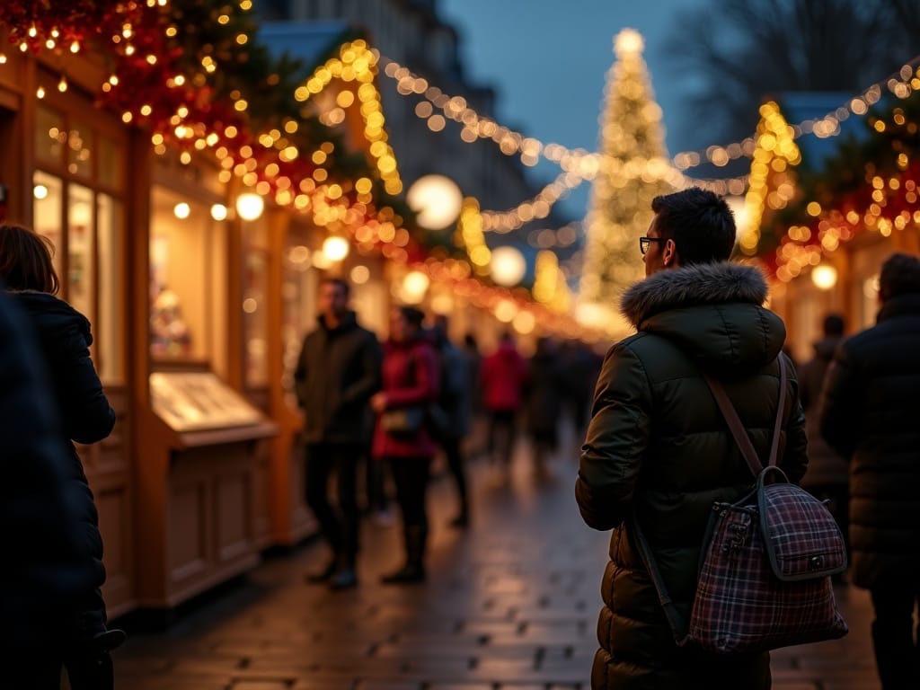 American family enjoys UK outdoor Christmas market under festive evening lights