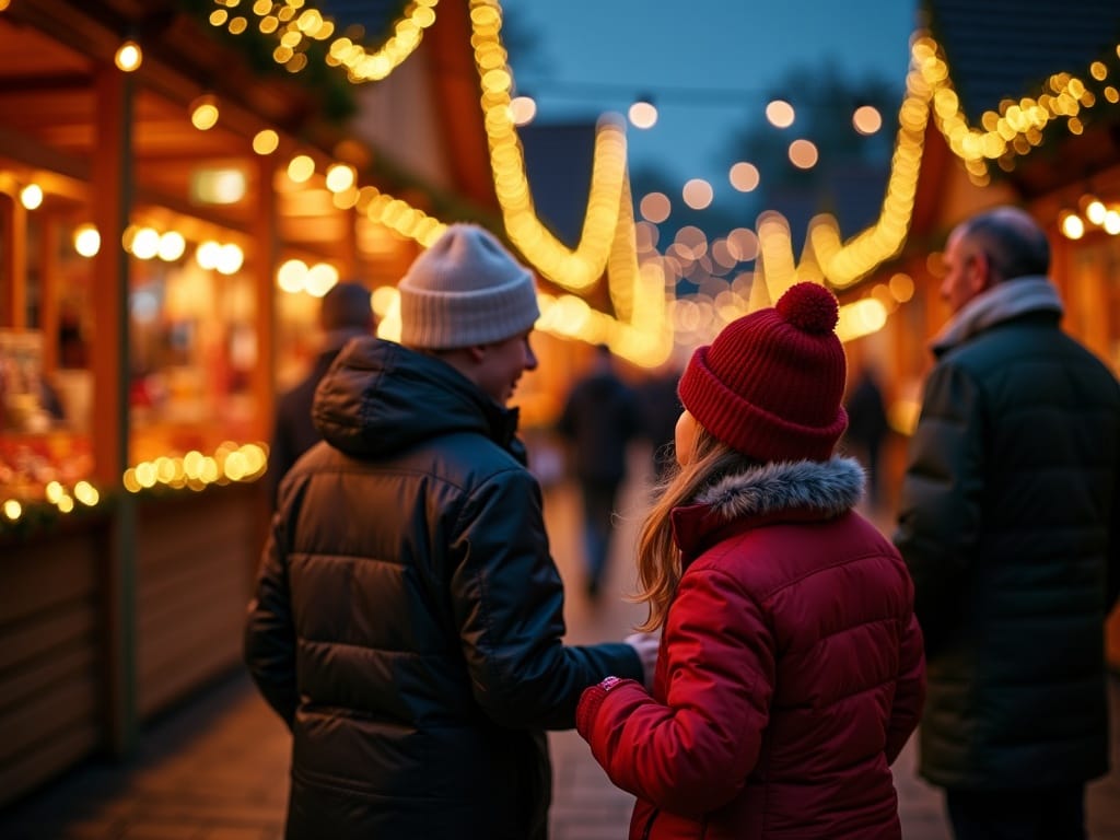 Family enjoying festive evening lights at a UK Christmas market