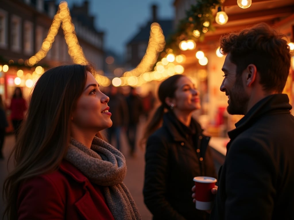 Family at a UK Christmas market in the evening with festive lights in red, green, and gold.