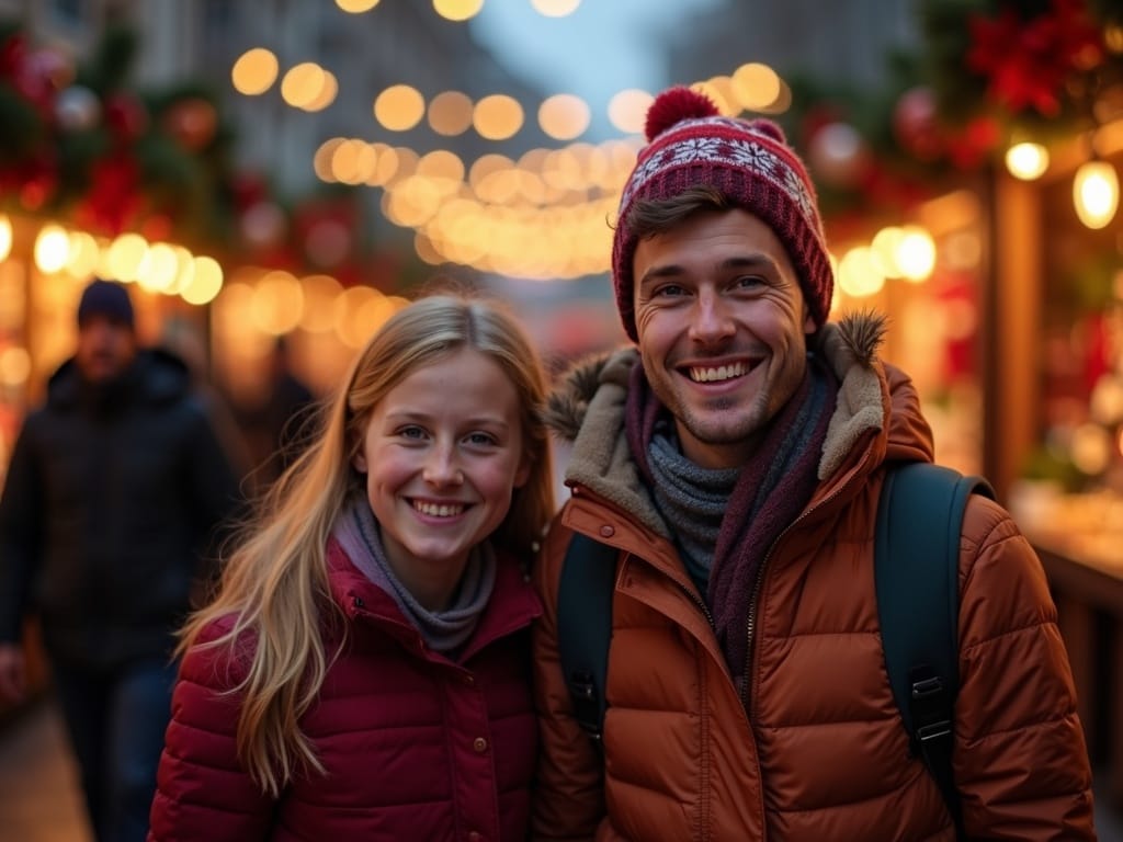 Family exploring a vibrant UK Christmas market with festive lights