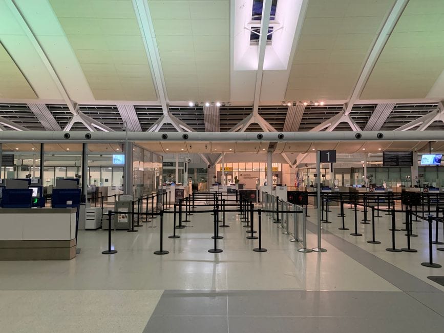 Arrivals hall where Americans complete a UK ETA border interview after landing