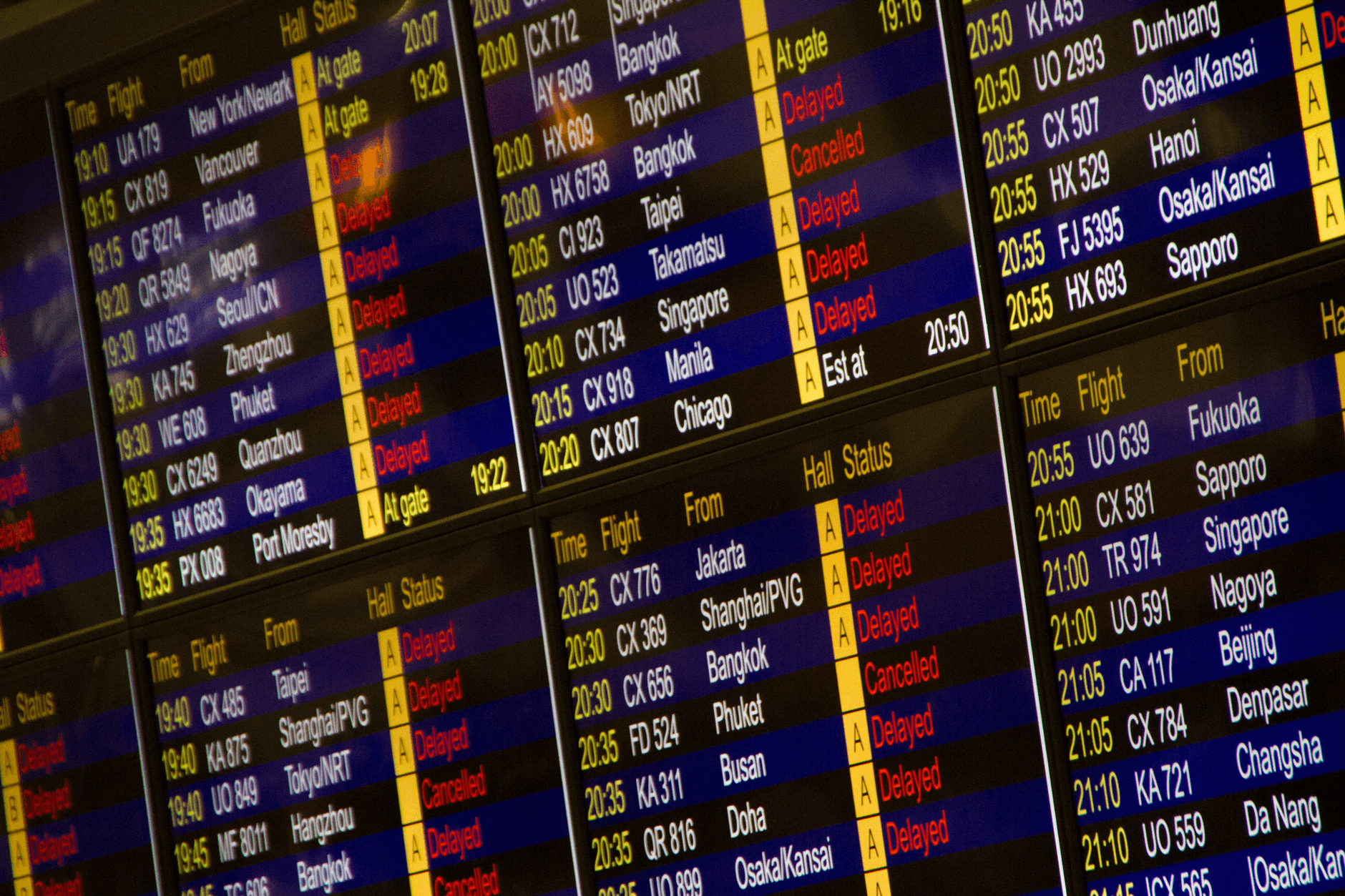 A departure board listing outbound flights, useful as proof of onward travel