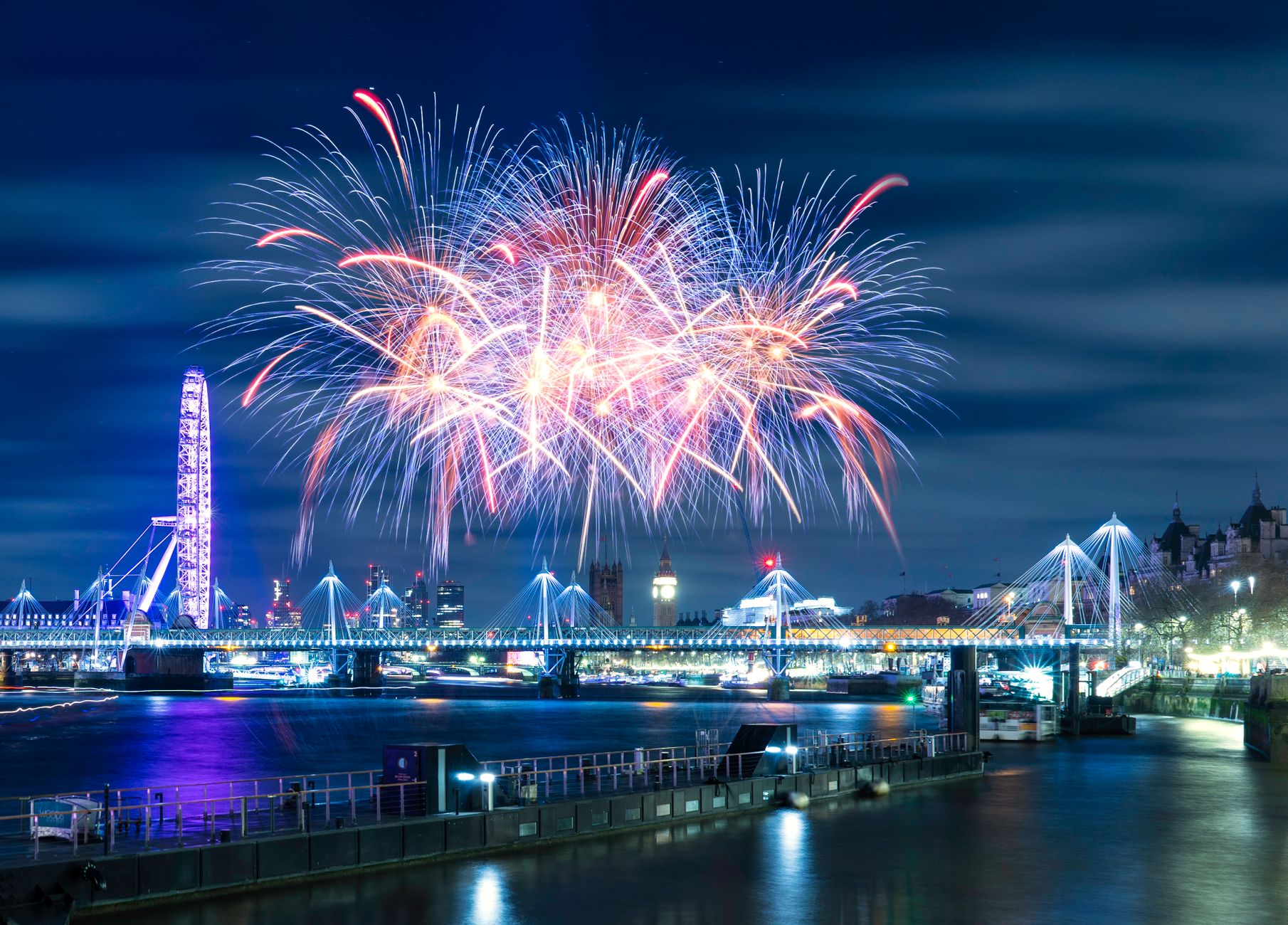 Fireworks lighting up the London Eye on New Year's Eve night